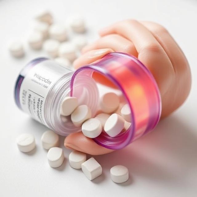 A hand holds a spilled bottle of white pills, some round and some square, with "Vicodin" visible on the label