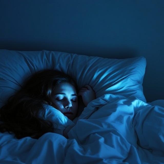 Woman sleeping peacefully in a dark room with blue light